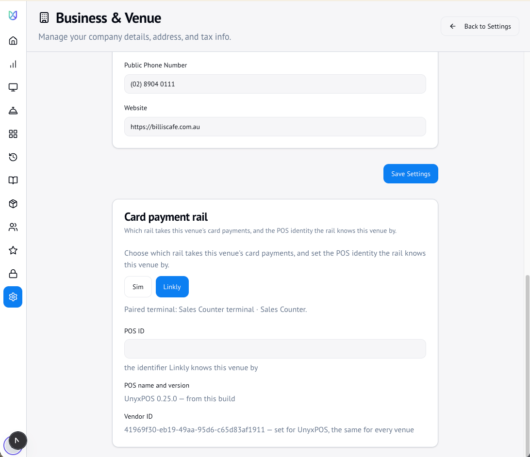 The Card payment rail section on Business & Venue, set to Linkly