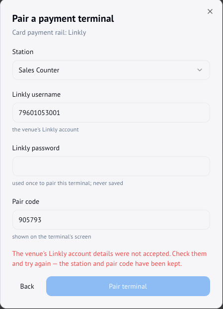The message shown when the account details or an expired code are refused, with the station and pair code kept