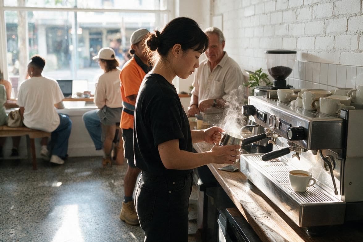 A barista steams milk at an espresso machine in a small cafe in the morning, with a queue at the counter and two people working at the window bench.