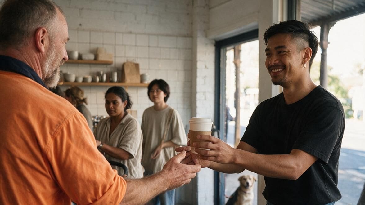 A staff member hands a takeaway coffee to a tradie in a hi-vis shirt, with a queue waiting behind them and a dog tied up outside the door.