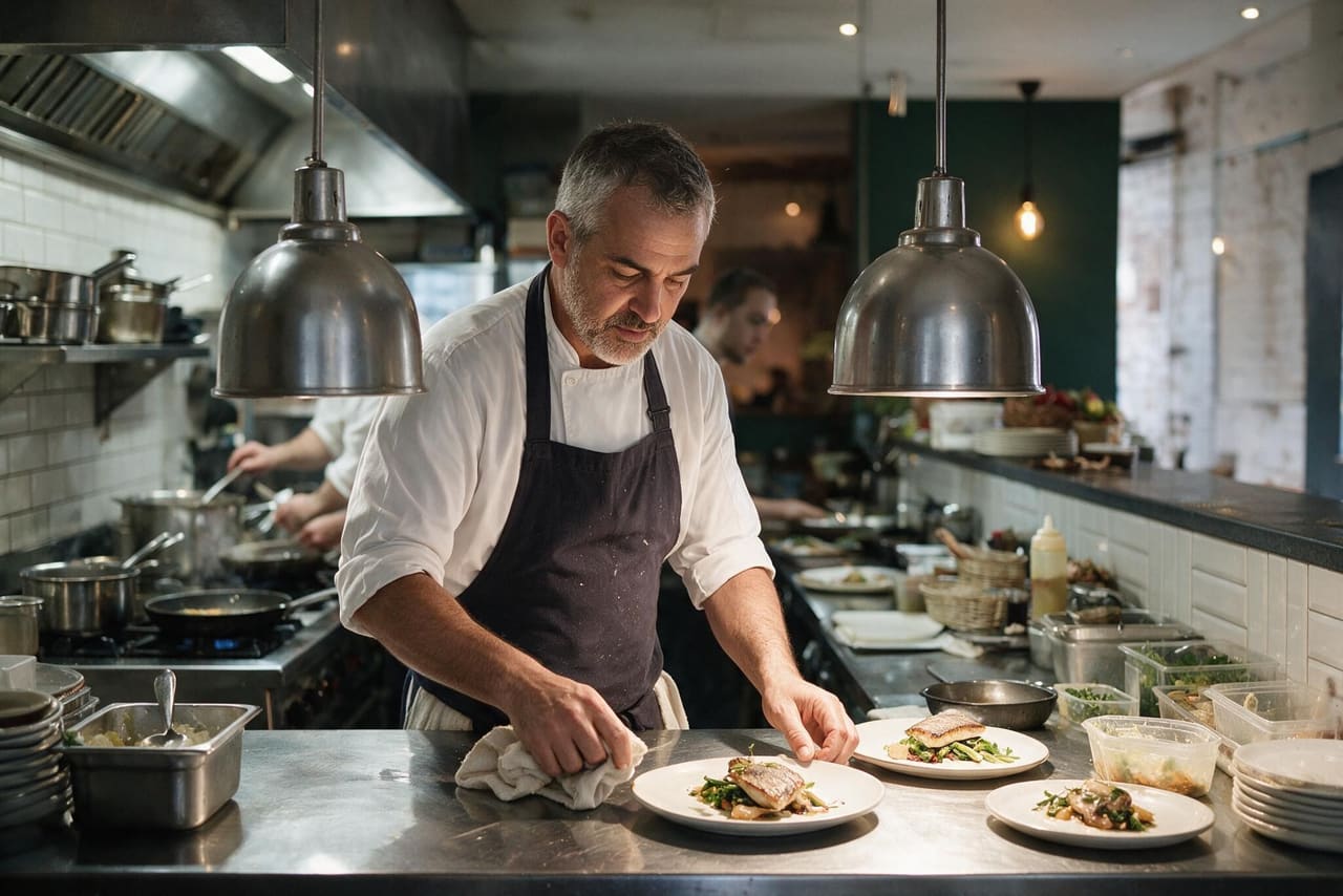 A chef wipes the rim of a plate at a stainless steel pass under heat lamps while cooks work at the stove behind him.