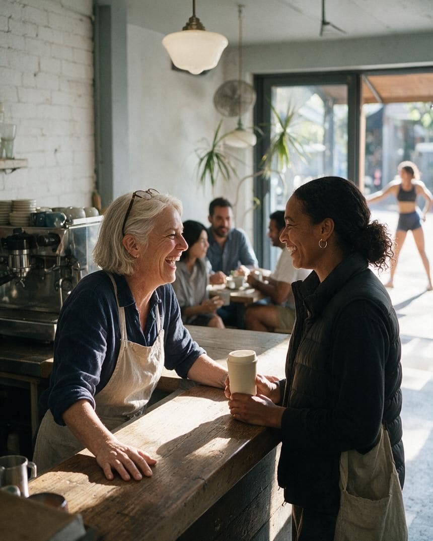 A cafe owner leans on the counter and laughs with a regular customer holding a keep cup, with a table of three behind them.