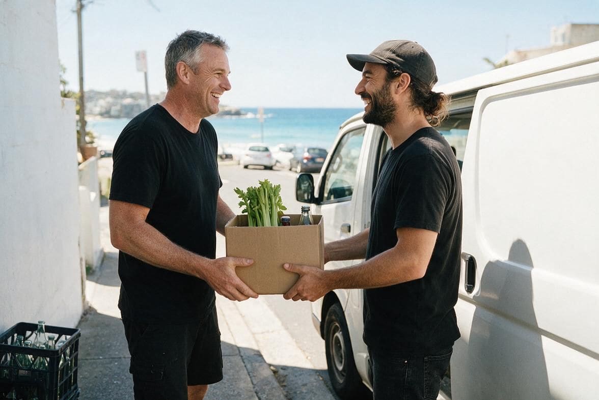 A delivery driver hands a cardboard box of produce to a cafe worker on a sunny street near the beach, with a van beside them.