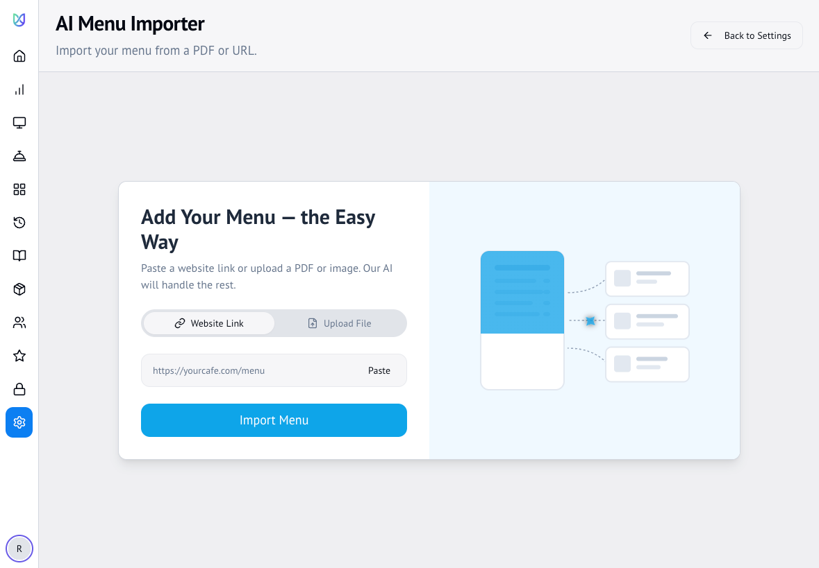 The Unyx Labs menu importer, asking for a website link or a PDF upload before the menu is drafted.